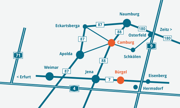 Anfahrt zu Steinmetzfirma Schöne Camburg, Bürgel, Jena, Weimar, Apolda